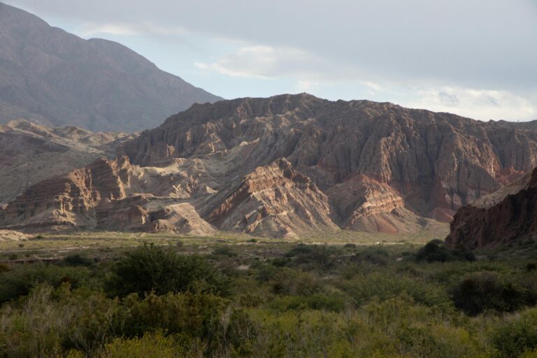 Breathtaking view of rugged mountains and desert flora in Salta, Argentina.